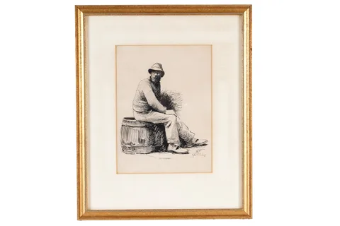 Robert Jobling, Fisherman Sitting on a Barrel, pen and ink drawing