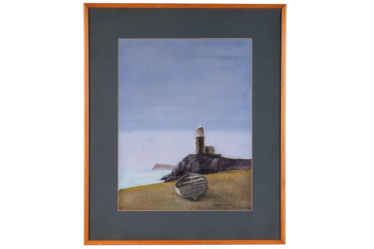 Laurence Roche, Lighthouse and Boat, gouache