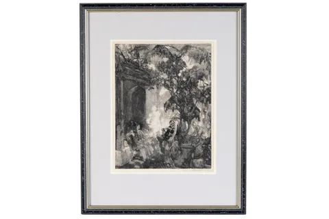 Howard McCormick, Drinks in the courtyard, wood engraving