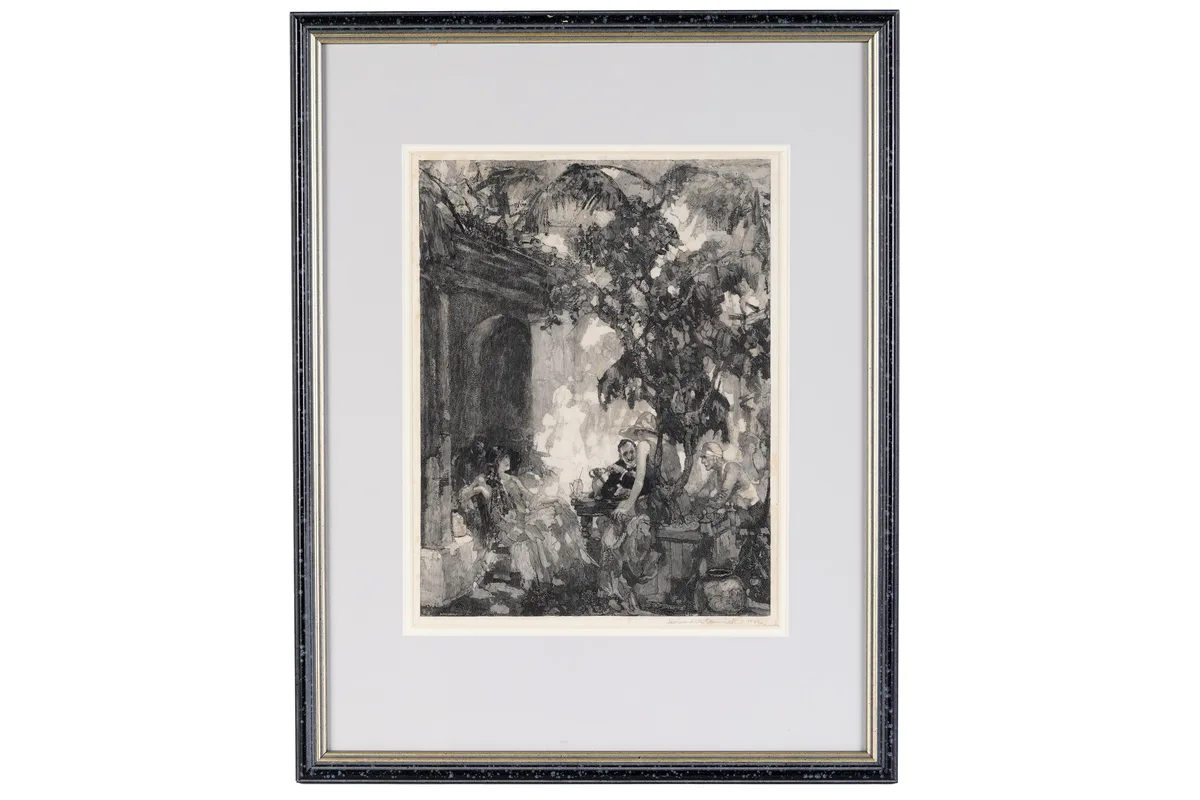 Howard McCormick, Drinks in the courtyard, wood engraving