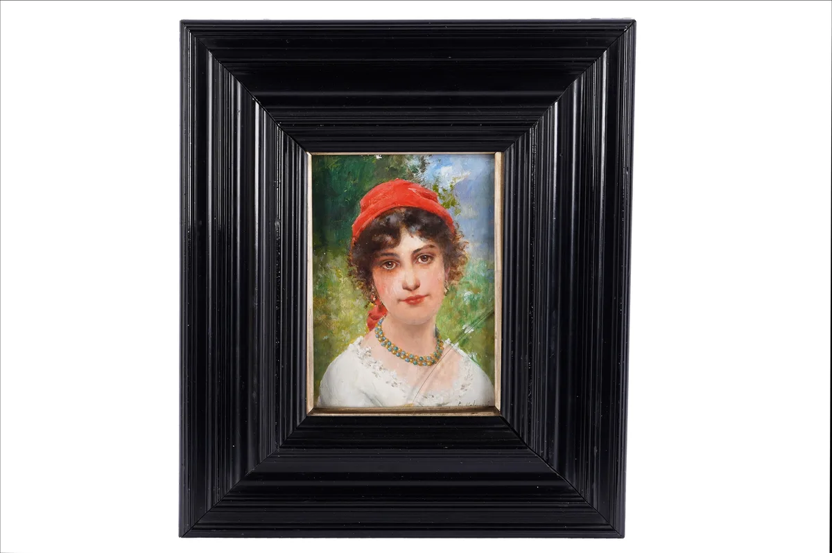 Léo Malempré, Girl in red headdress, oil on panel