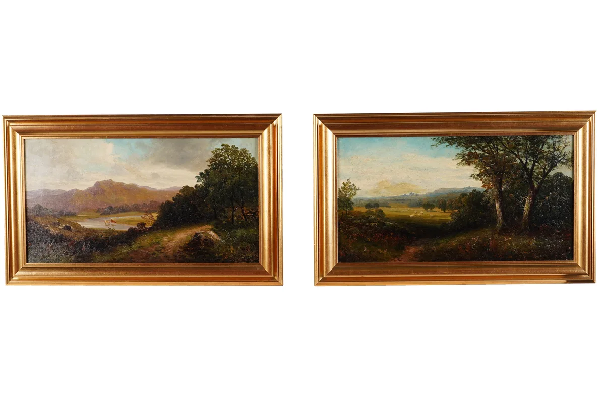 George Bates, Highland Loch with cattle and a British Countryside view, oil on canvas