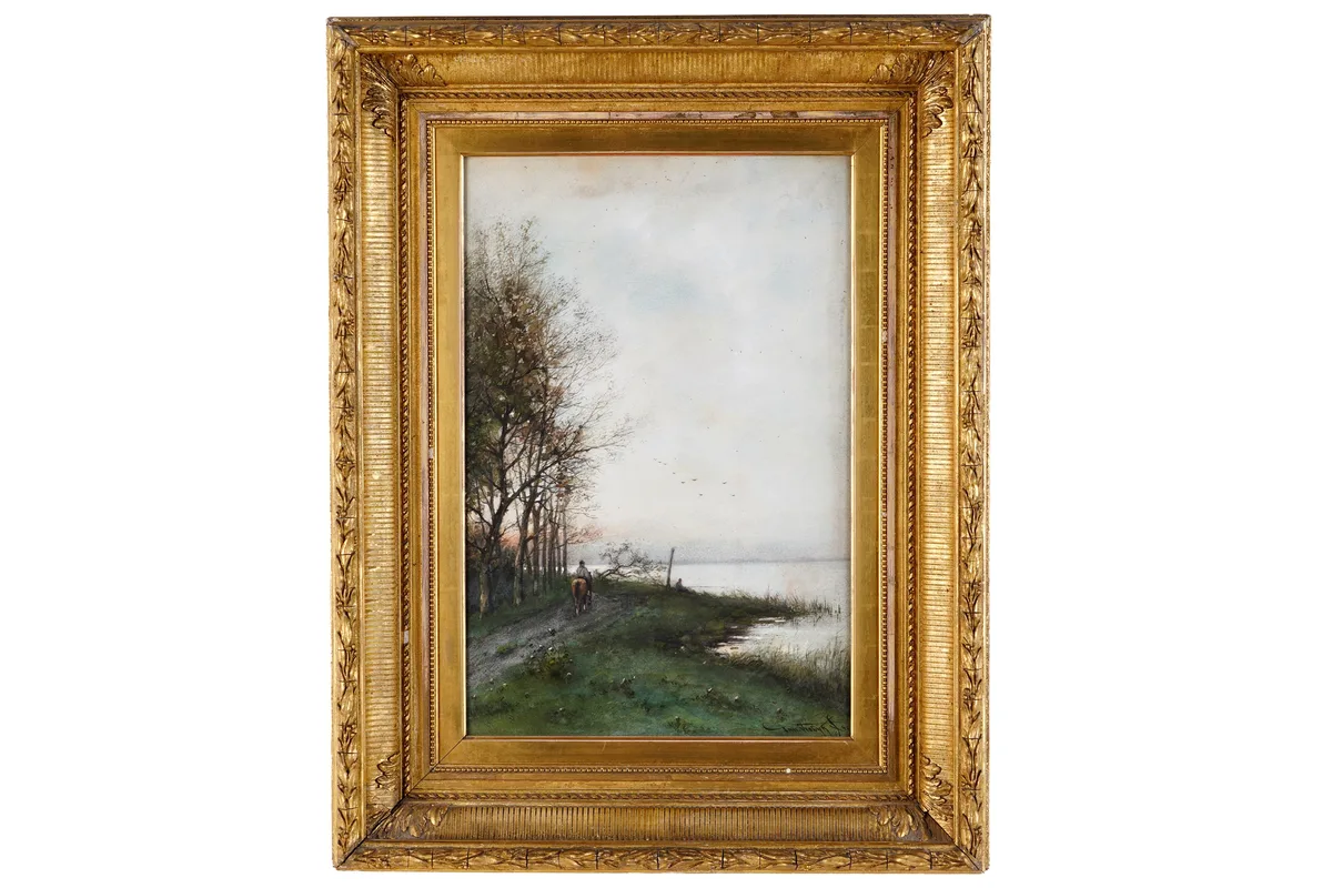 Man on horseback by a river by Jan, watercolour, sold Jul 2026