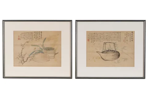 20th Century Chinese School, Two studies of teapots with poetry, watercolour on silk