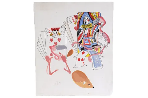 Sheila Gertrude Mackie, Queen of Hearts with flamingos, ink on scraperboard