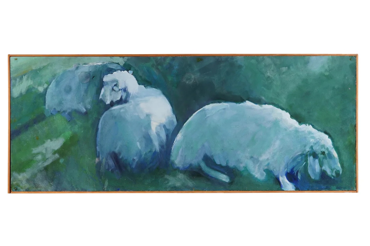 British Contemporary School, Sheep at dusk, oil on board