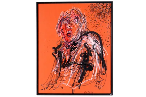 Antoni Sulek, Autumn self-portrait, mixed media on red paper