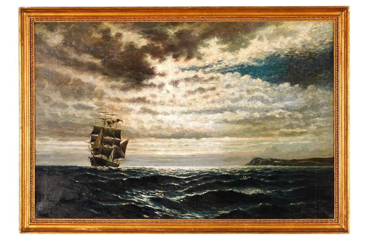 Moonlit seascape with frigate by Steuart Seton, oil on canvas, sold Jun 2026