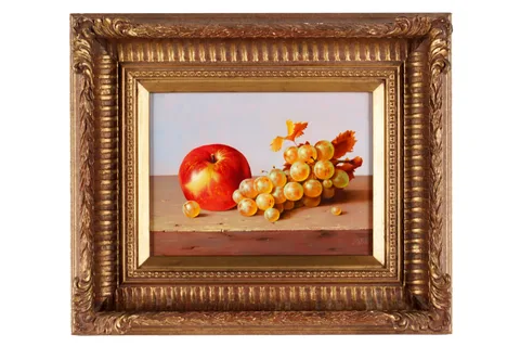 Balasz Wanyi, Still life with apple and grape, oil on board