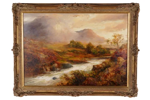 John Falconer Slater, Upland river scene, oil on board