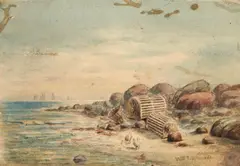 William Trost Richards, Lobster Traps on a Rocky Beach, watercolor on paper