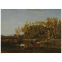 James McDougal Hart, Pastoral Landscape with Cows Resting, oil on canvas