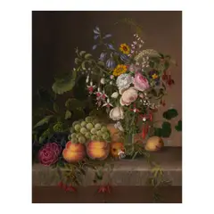Elizabeth Lynde, Still Life with Fruit, Columbine, and Roses on a Stone Ledge, 1862, oil on canvas