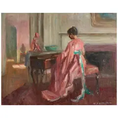 Marguerite Stuber Pearson, Lady in Pink at the Piano, oil on canvasboard