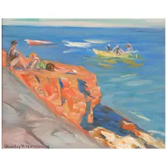 Red Rocks Bathers by Charles Herbert Woodbury, 1932, oil on board, sold Jan 2026