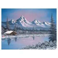 Bob Ross, Winter Landscape with Snow-Capped Mountains, Lake and Cabin, circa 1984, oil on canvas