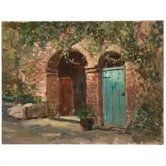 Abbott Fuller Graves, A Courtyard in New Orleans, oil on canvasboard