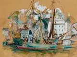 Shirley Marie Russell, Harbor Scene, watercolor, gouache, and ink on paper
