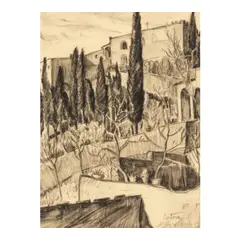 Lucy Valentine Pierce, Florence, Monastery at Certosa, A Street in Florence, Up the Carmel Valley, Gorge Du Loup, A Street in Avignon and Canal, Venice (a group of seven), first ink wash on paper, second through fourth conte crayon on paper, fifth and six graphite on paper and seventh drybrush on paper