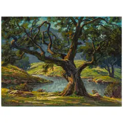 Paul Grimm, Eucalyptus and Old Oak Tree Near the Stream (a group of two), oil on board and oil on canvas laid to board