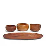 Various Artists, Four Wooden Vessels including a Dan Deluz (1934-2012) bowl, signed and inscribed 'DAN DELUZ / Milo wood' (on the underside), a Jim Fleming bowl, signed, dated and inscribed 'Oahu Koa / 1996, Jim Fleming' (on the underside); a Fred Smith tray, signed and inscribed 'Fred Smith Koa' (on the underside), and a House of Monkeypod bowl, marked 'House of Monkeypod / Hawaii's Finest, Monkeypod Wood' (on the underside), one milo wood, the rest koa wood