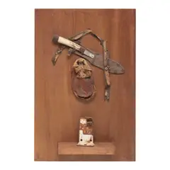 George Herms, Untitled, circa 1975, found knife, leather, metal and fabric assemblage on wood