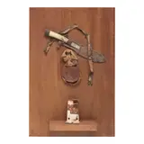 George Herms, Untitled, circa 1975, found knife, leather, metal and fabric assemblage on wood