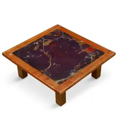 Billy Al Bengston, Tea Table, circa 1970, wooden table with inlaid mixed media top