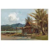 D. Howard Hitchcock, Landscape with Outrigger Canoe and Hale Pili, 1899, oil on canvas laid to board