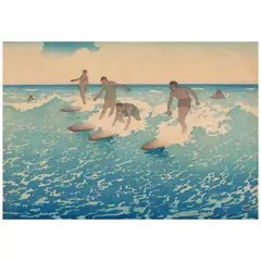 Charles William Bartlett, Surf-Riders, Honolulu (Miles & Saville 47), c. 1919-20, Woodcut in colors on japon paper, State B