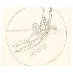 Studies for Swimming Medal (a group of eleven) by Donald De Lue, first through tenth charcoal and graphite on paper and eleventh charcoal, graphite and pen on paper, offered Jul 2026