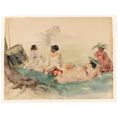 Charles Nicolas Sarka, Mangaia Queens Dancers, 1903, watercolor, pencil, and charcoal on paper