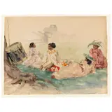 Charles Nicolas Sarka, Mangaia Queens Dancers, 1903, watercolor, pencil, and charcoal on paper