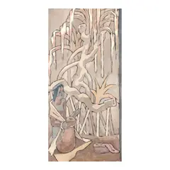 Jean Charlot, Ipu Player, Red Lei in Calabash, 1965, oil and graphite on canvasboard