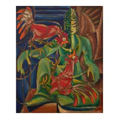 Ralph Iwamoto, Bodhisattva with Roosters, 1951, oil on canvas
