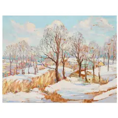 Ernest Lawson, Village in Winter, oil on board in the original frame