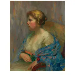 Portrait of a Girl in a Blue Shawl with Rose by Jean Mannheim, oil on canvas, offered Feb 2026