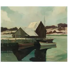 George Spangenberg, Boats in a Harbor, oil on canvas laid to board