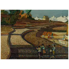 Millard Sheets, Harvest Scene in Nepal, watercolor on paper