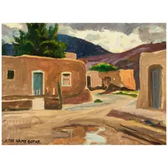 Jessie Arms Botke, Adobe Houses (New Mexico), oil on canvas laid to board