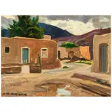 Jessie Arms Botke, Adobe Houses (New Mexico), oil on canvas laid to board