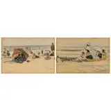 Edward Henry Potthast, Beach Scenes with Red and White Umbrellas: A Pair of Works, colored pencil on paper, each