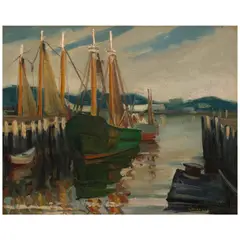Jonas Lie, Ships in the Cove, oil on canvas laid down on Masonite