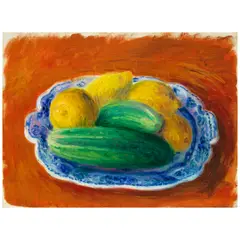 William James Glackens, Cucumbers and Lemons in Blue Platter, oil on canvas laid down on board