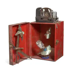 George Herms, An Old Radio Show Box Canyon Rose with The Last of the Blue Margarita's, 2007, found metal toolbox, radio, scissors, CDs, wire, plastic and paper assemblage