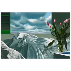 Bruce Cohen, Untitled (Interior with Green Window and Tulips in Glass Vase), circa 2015, oil on canvas