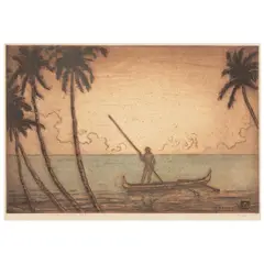Charles William Bartlett, Hawaiian Man and Canoe, n.d., Etching with aquatint in colors on japon paper