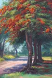 Helen Thomas Dranga, Royal Poincianas, Hilo, Hawaiʻi, oil on canvas laid to paperboard