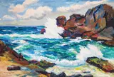 Sunao Hironaka, Crashing Waves, 1952, oil on canvas laid to board