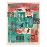 John Ingvard Kjargaard, Pig Hunt, 1954, Woodcut in colors on thin japon paper